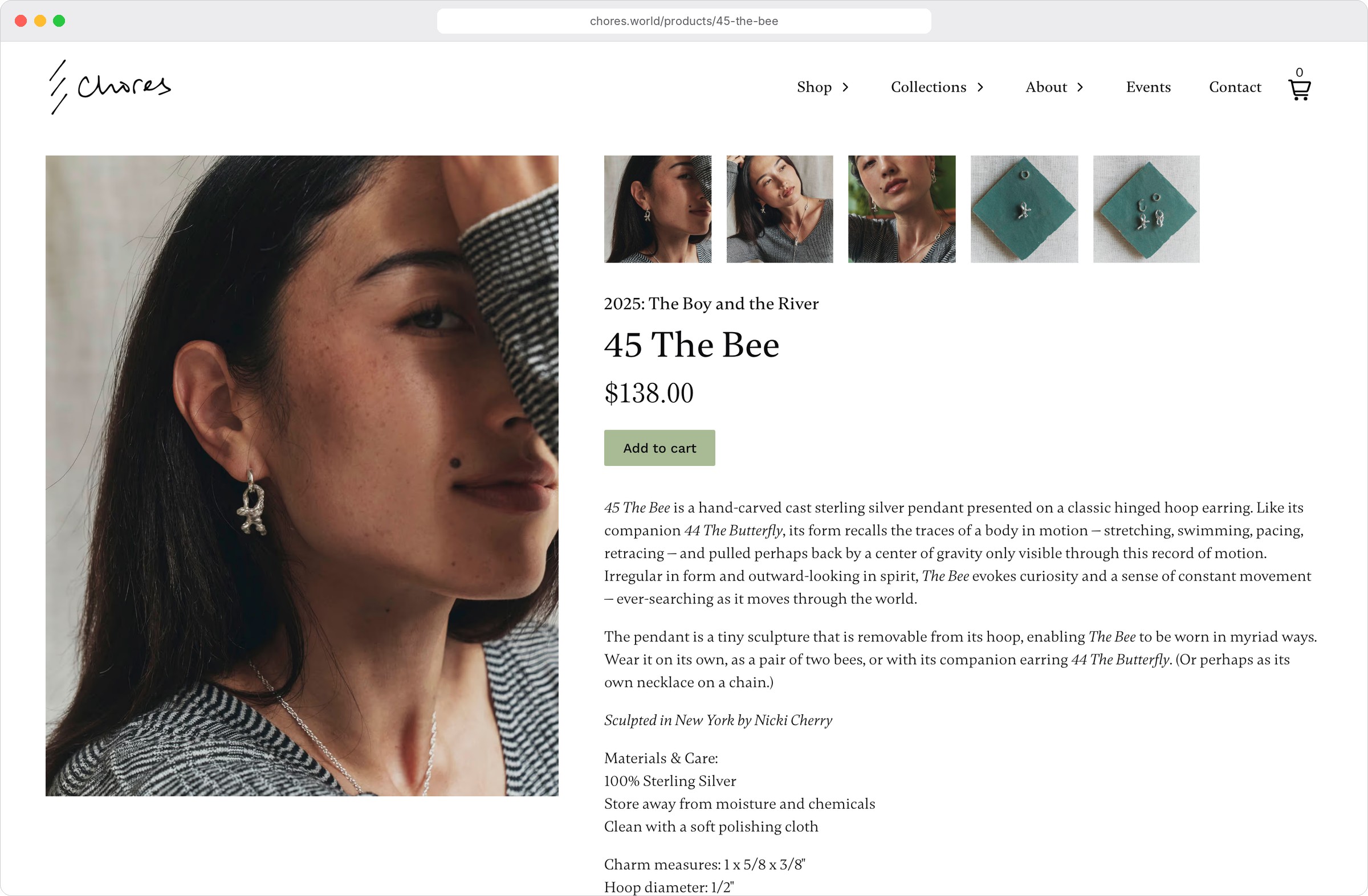 Chores product page for 45 The Bee, a sterling silver pendant