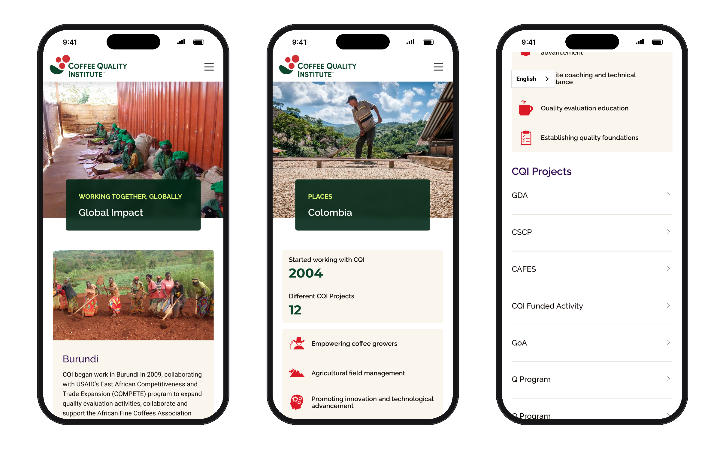 CQI Global Impact and Colombia country pages on three phones