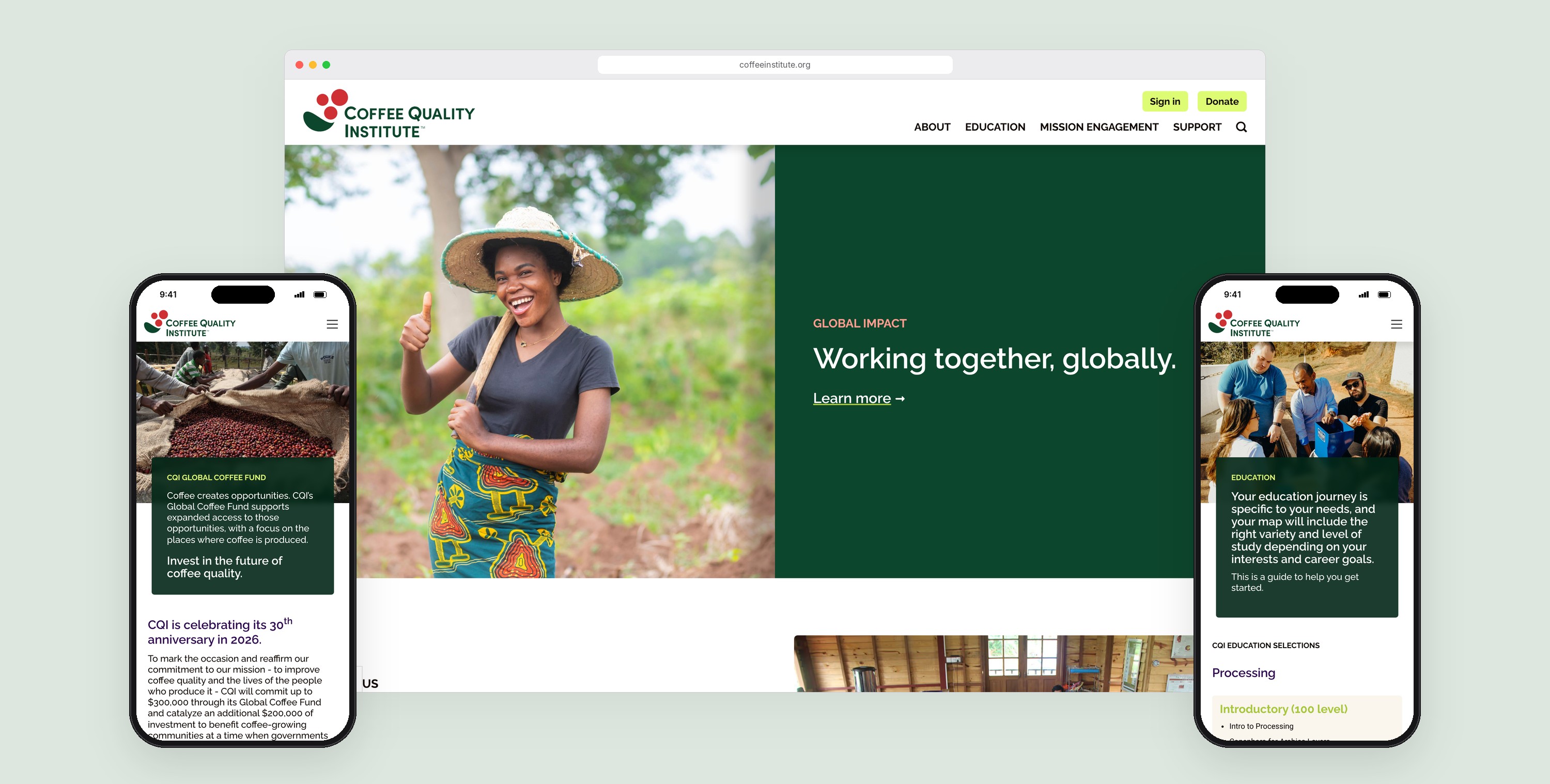 Coffee Quality Institute website on desktop and mobile
