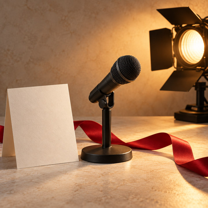 Conceptual service graphic of a gala microphone and stage light