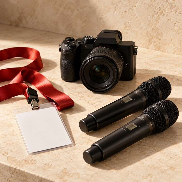 Conceptual service graphic of conference microphones, camera, and badge
