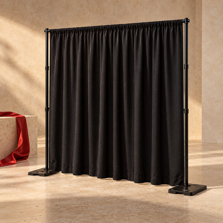 Conceptual service graphic of a black pipe and drape backdrop