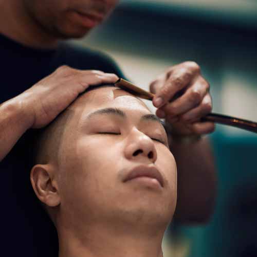 Man Relaxing in barber's chair as barber uses strait razor on forehead