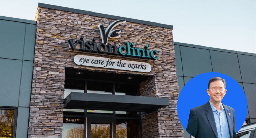 Vision Clinic Exterior and headshot of Dr. Rice