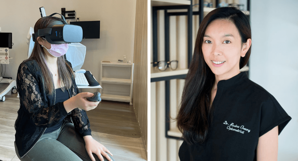 A patient using Virtual Field and Dr. Cheung's headshot