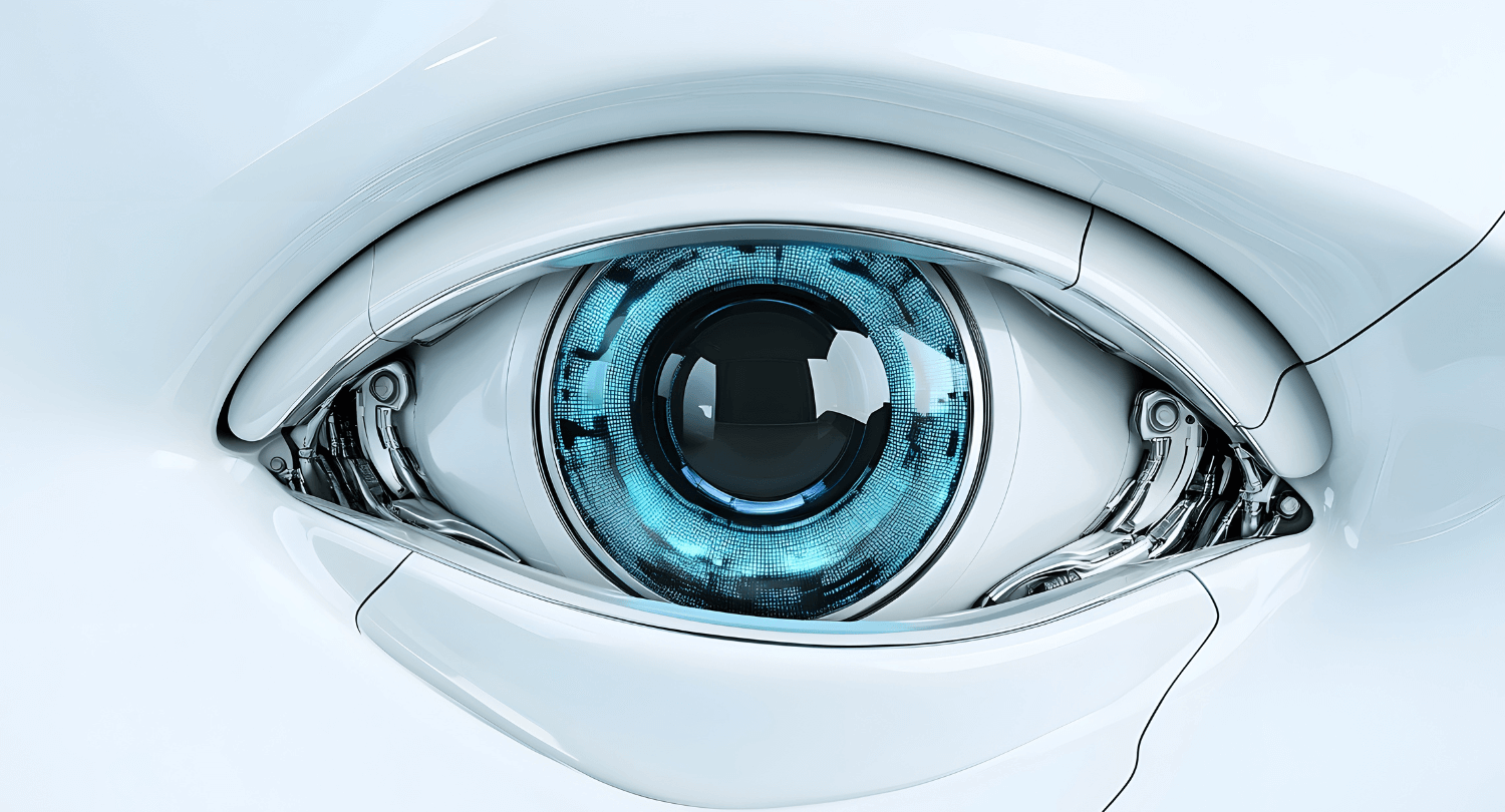 A close up of a blue, robotic eye