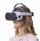 A side profile of a woman wearing a Virtual Field headset