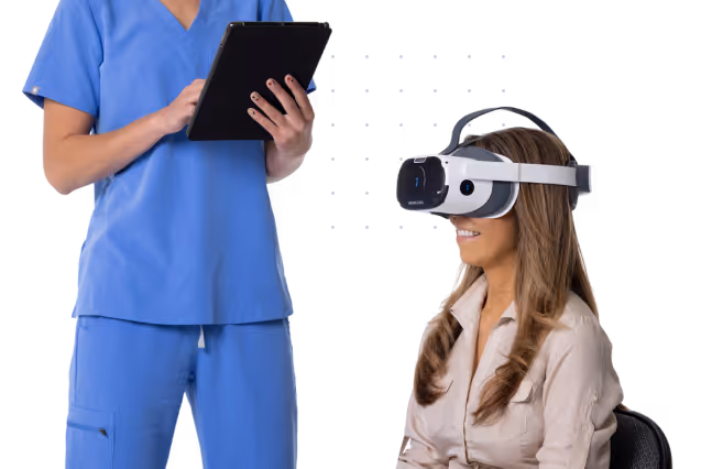 A technican conducts a Virtual Field test on a woman sitting in a chair.