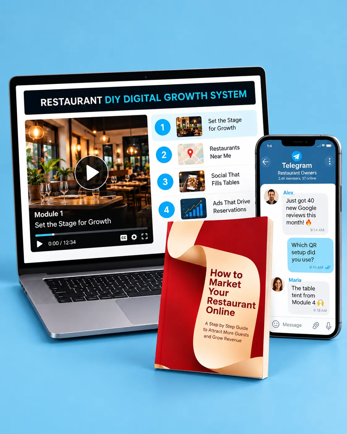 How to Market Your Restaurant Online paperback with the Restaurant DIY Digital Growth System course on a laptop and the private Telegram community on a phone