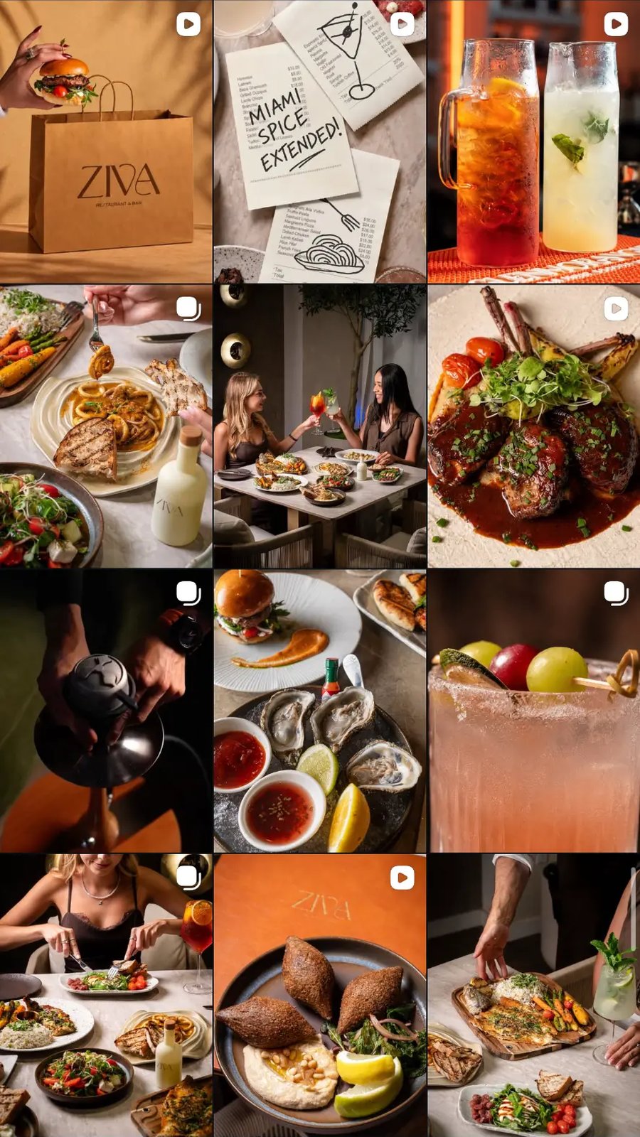 ZIVA Instagram feed grid with Mediterranean dishes, cocktails and diners at the Midtown Miami restaurant