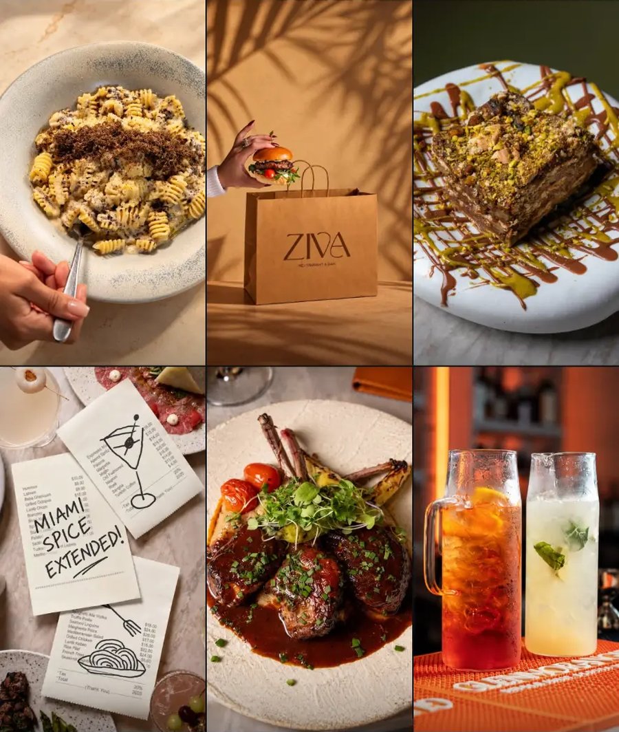 ZIVA Instagram Reels grid with truffle pasta, a takeout burger, pistachio dessert, lamb chops and drinks