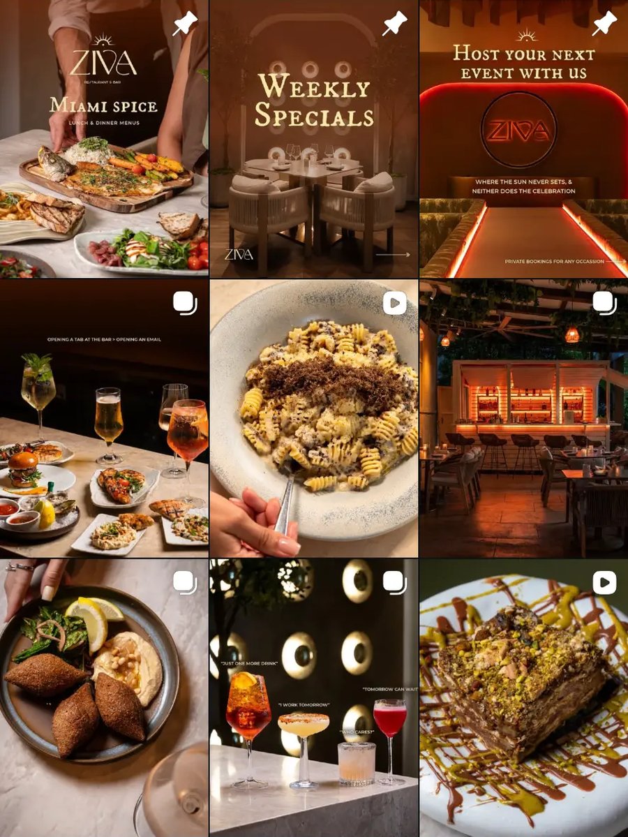 ZIVA Instagram pinned posts for Miami Spice menus, Weekly Specials and private events