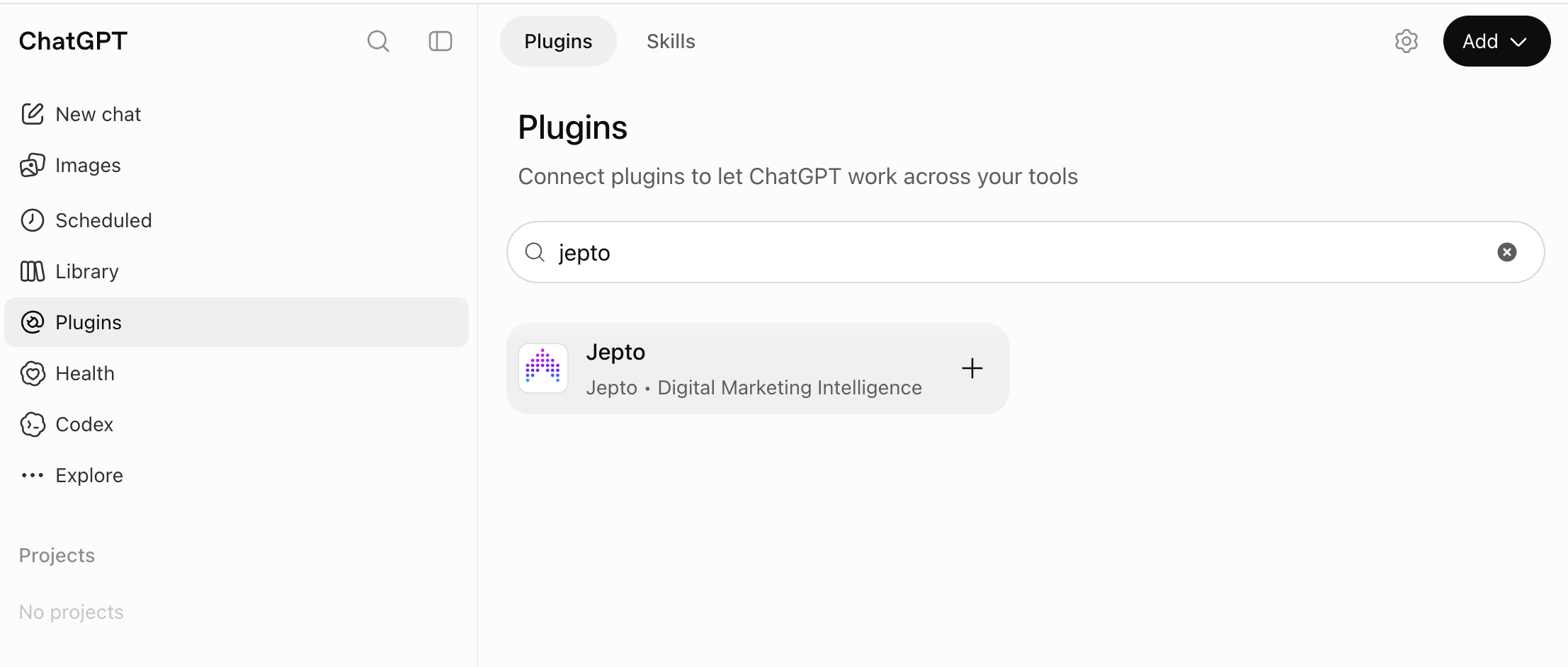 ChatGPT Plugins page with Jepto in the search results