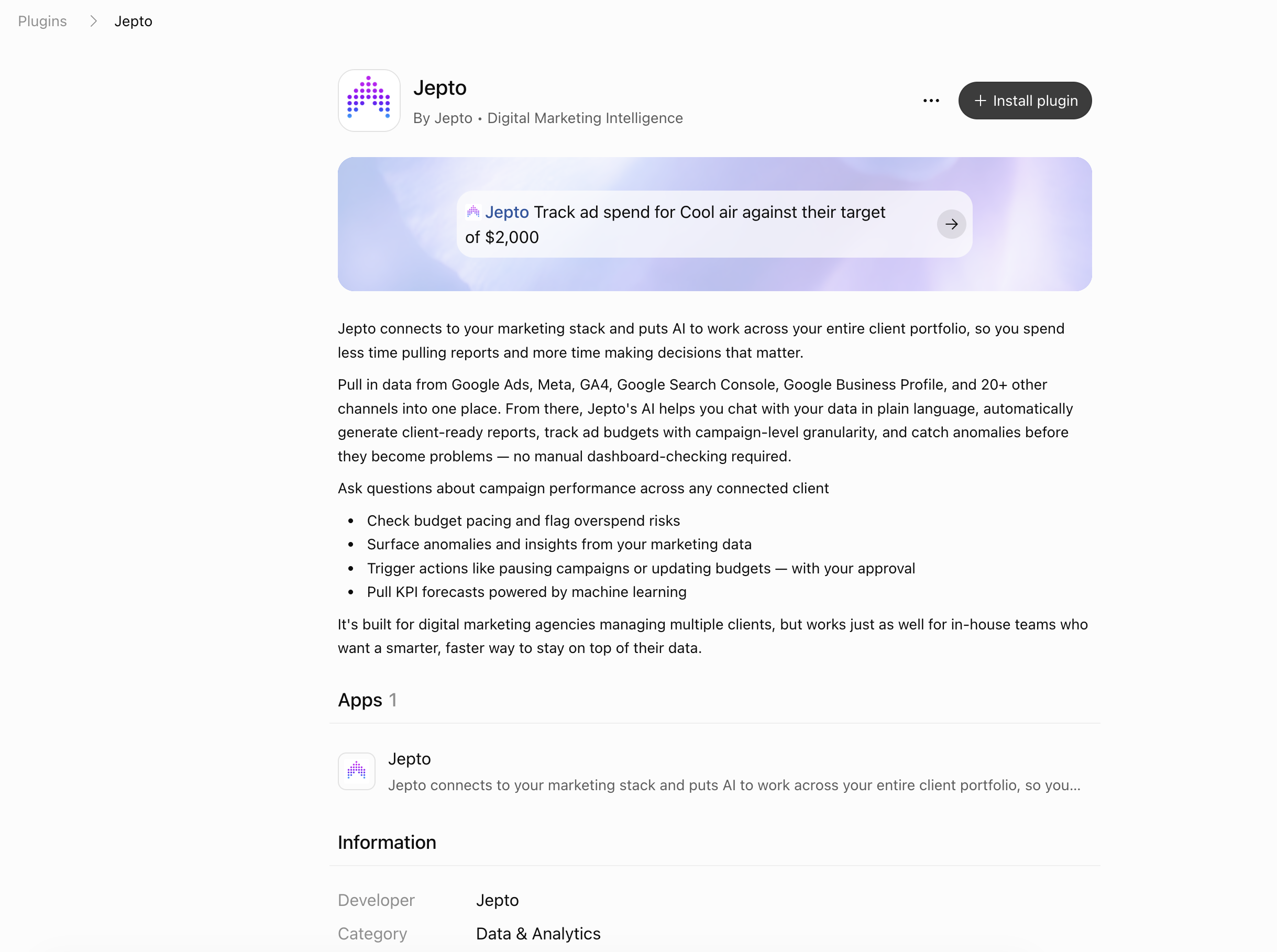 Jepto plugin page in ChatGPT with the Install plugin button