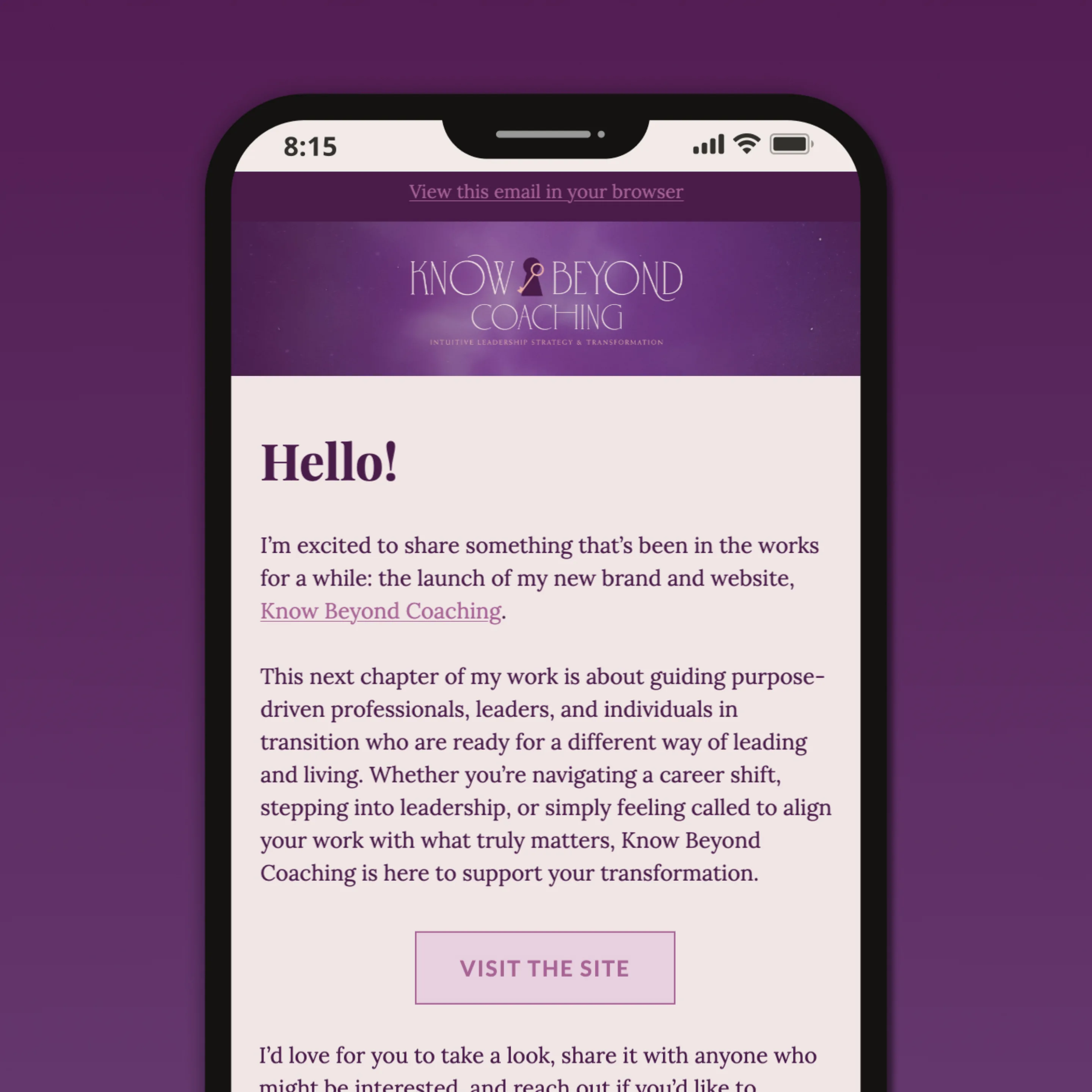 The Know Beyond brand announcement email displayed on a phone