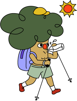 Cartoon person with tree-like head hiking with poles under bright sun.