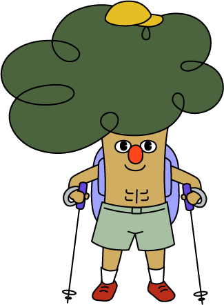 Cartoon tree character wearing shorts, hat, hiking with poles and a backpack.