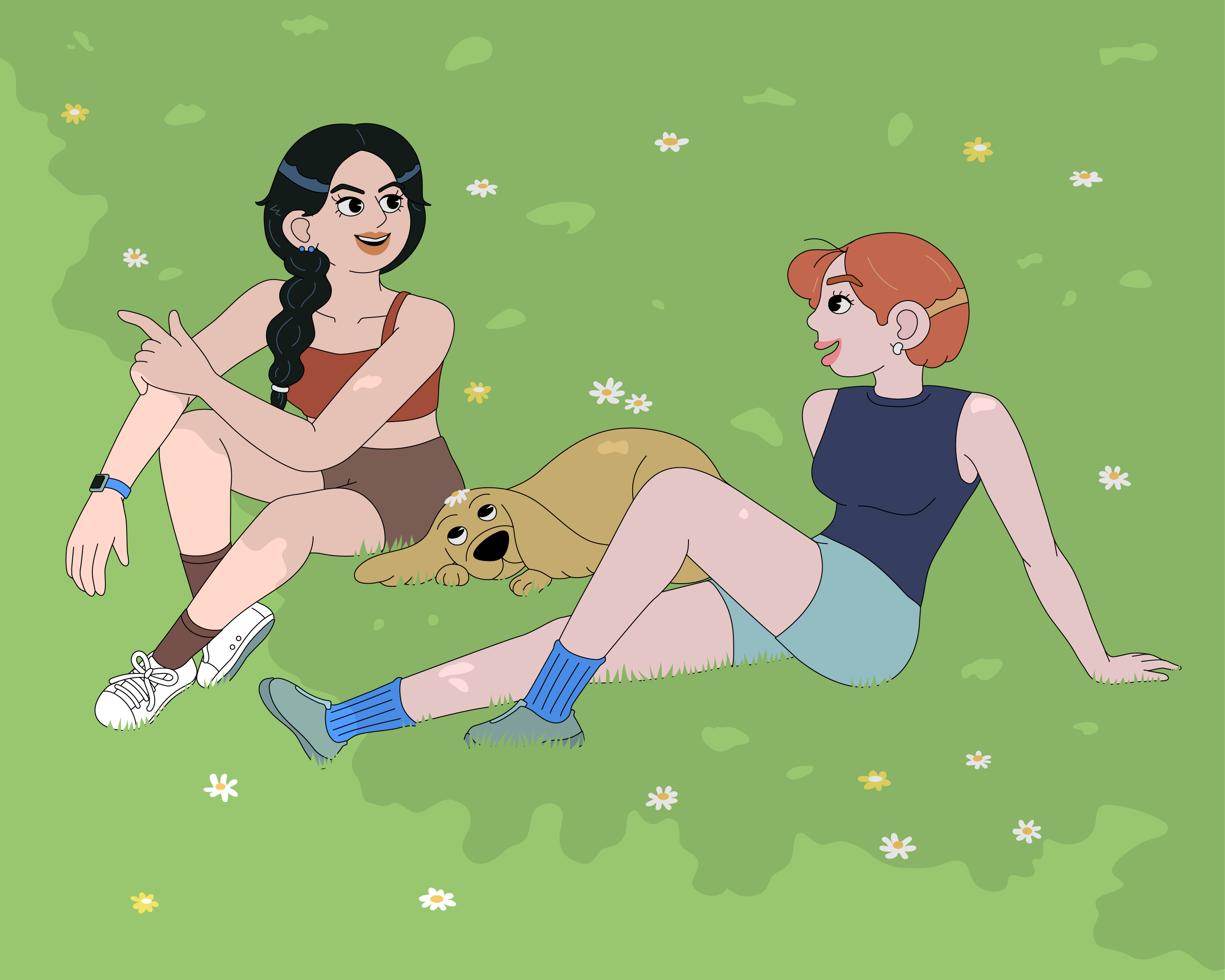 Two women sitting on grass with daisies, talking, and a cute dog lying between them.