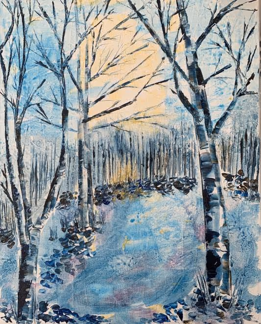 Acrylic on canvas. Textured and layered with mediums. Palette knife and card. Icy blue beauty on a stark cold morning stirred awake with a kiss of gentle sunlight.