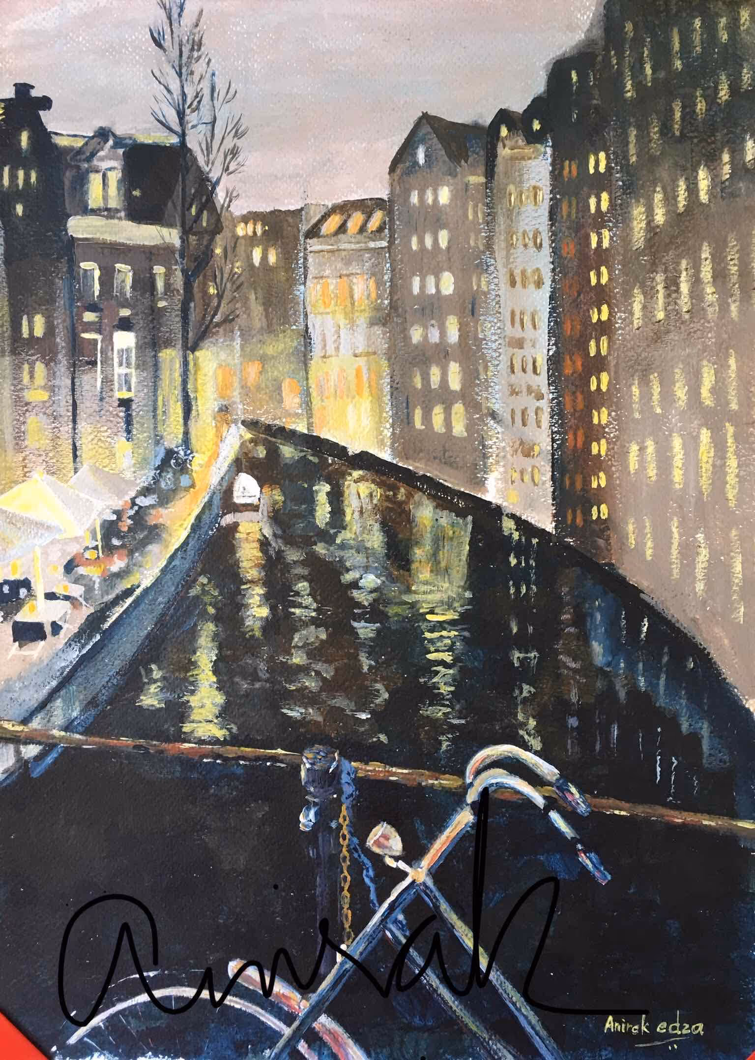 A solitary bike across a footbridge over one of Amsterdams canals. Waiting patiently for its owner to return from the warmly lit cafes alongside the water