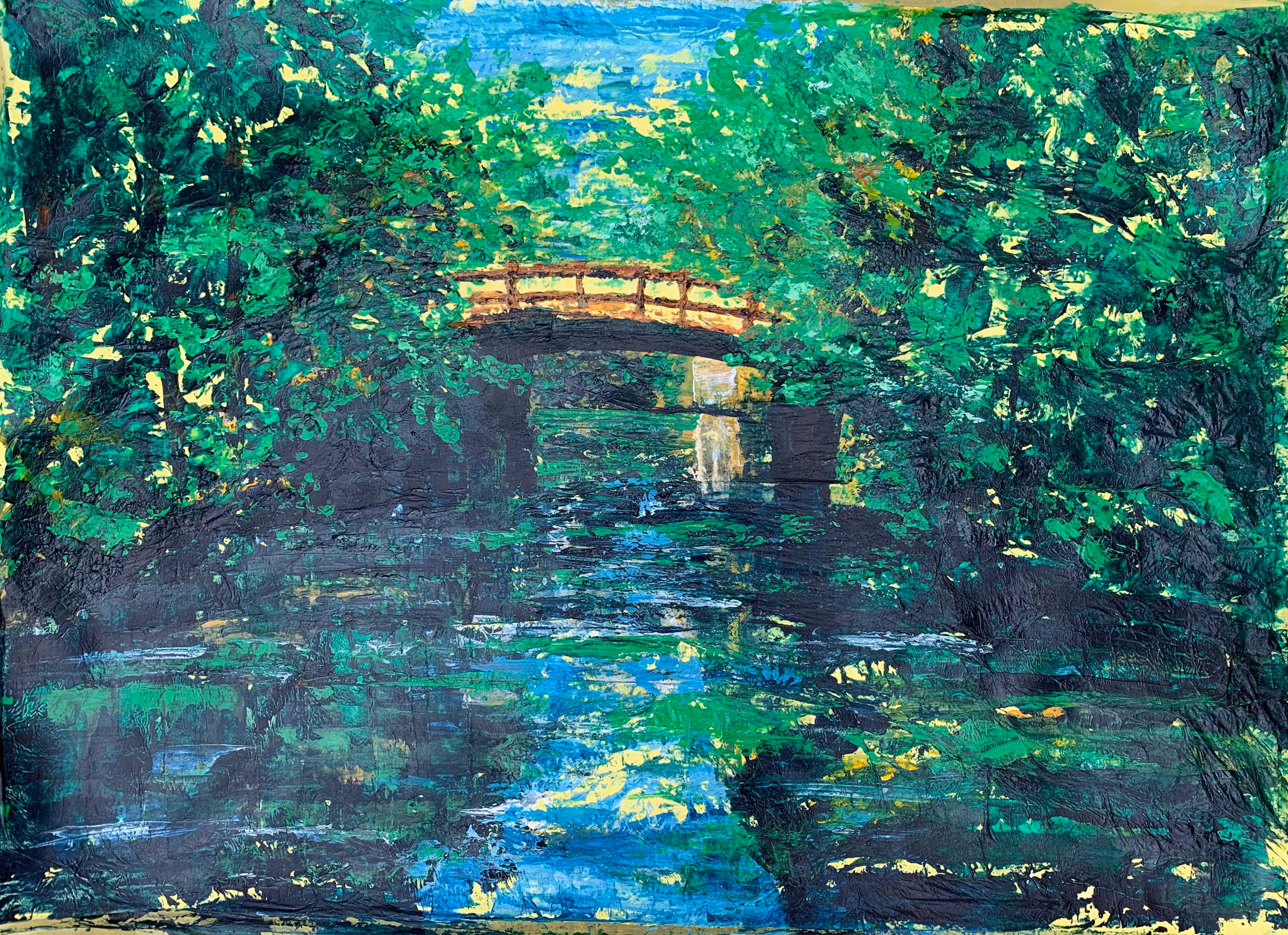 Deep green umbrella over cool waters keep the bright afternoon sun at bay while the water provides some respite from the heat.