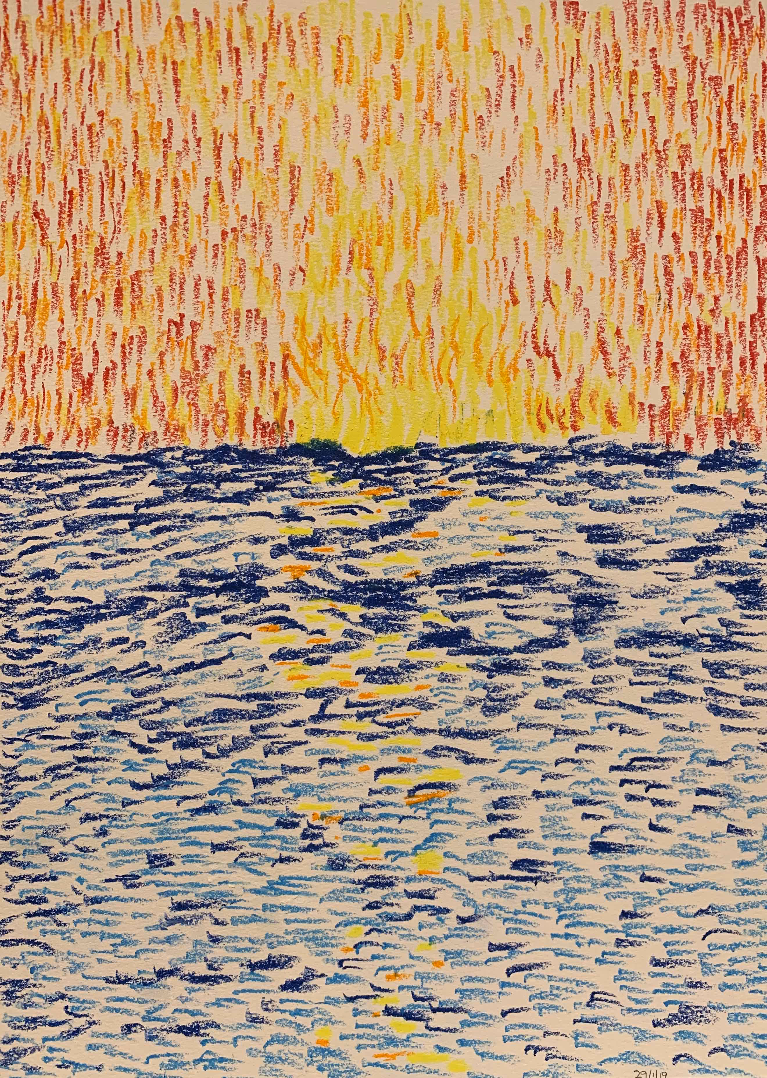 A burning hot day comes to a close. At its most distant horizon, it lights up the sea before switching its radiance off