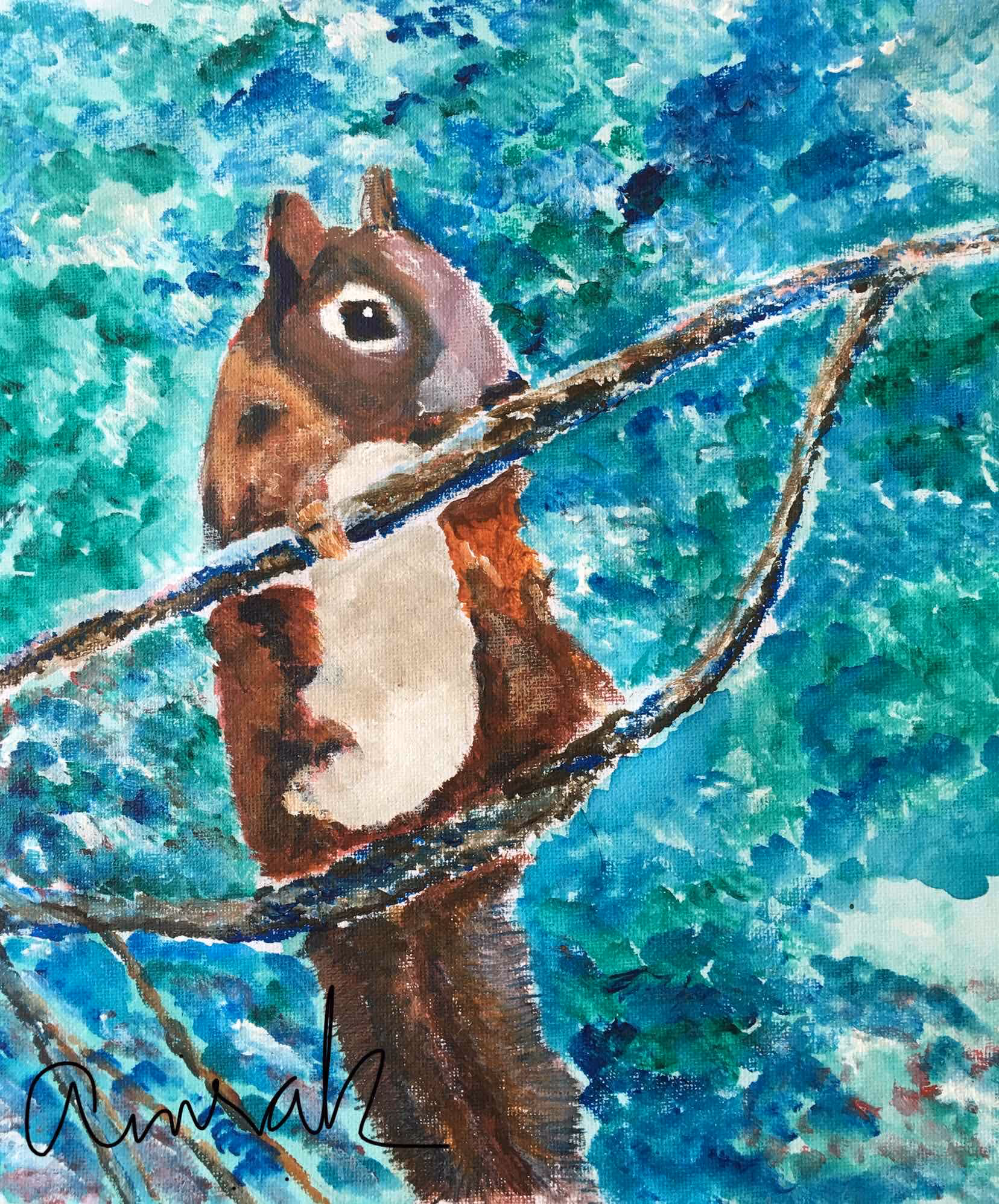 I'd never seen a red squirrel before this one in real life. I strtled it and its friends as they were foraging throught the piles of leaves on the forest floor. He jumped up and clung on to this branch before disappearing into the trees.