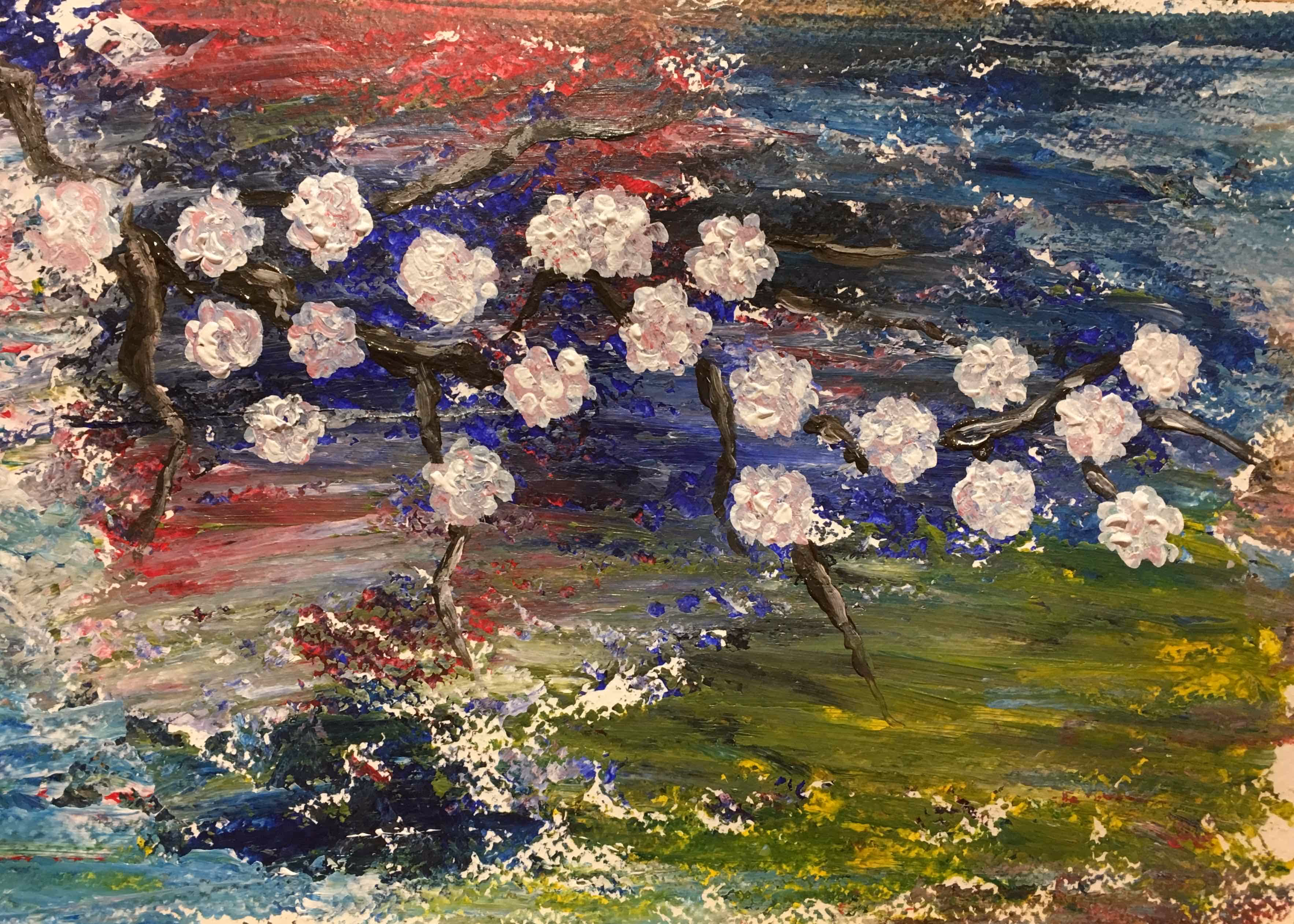 Pale blossoms against a bright agitated sky. So bright in the darkening skies.