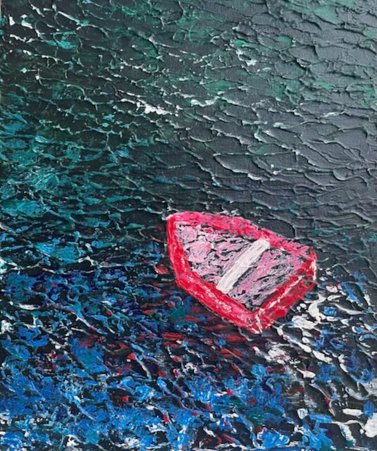Palette knife Red boat gently bobbing on clear reflective water