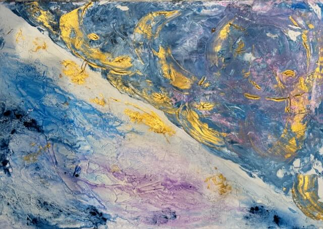 Abstract work swirls of blue and gold textured. Acrylic with palette knife on Acrylic paper 