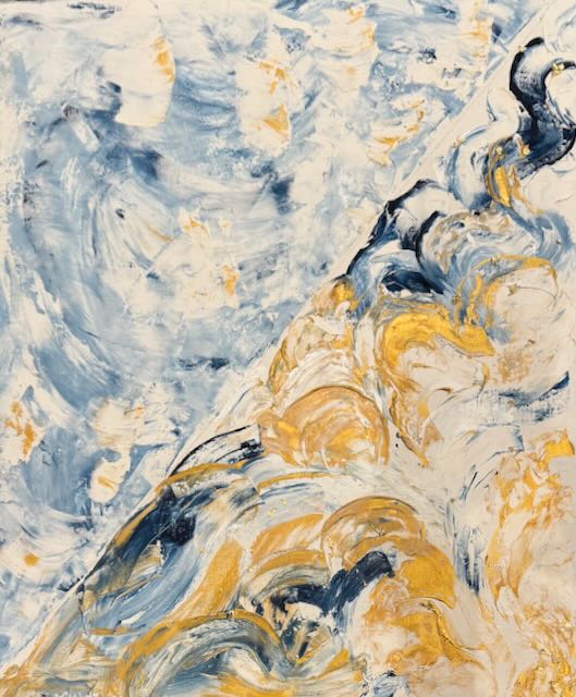 Abstract work swirls of blue and gold textured. Acrylic paint and ink with palette knife on Acrylic pape