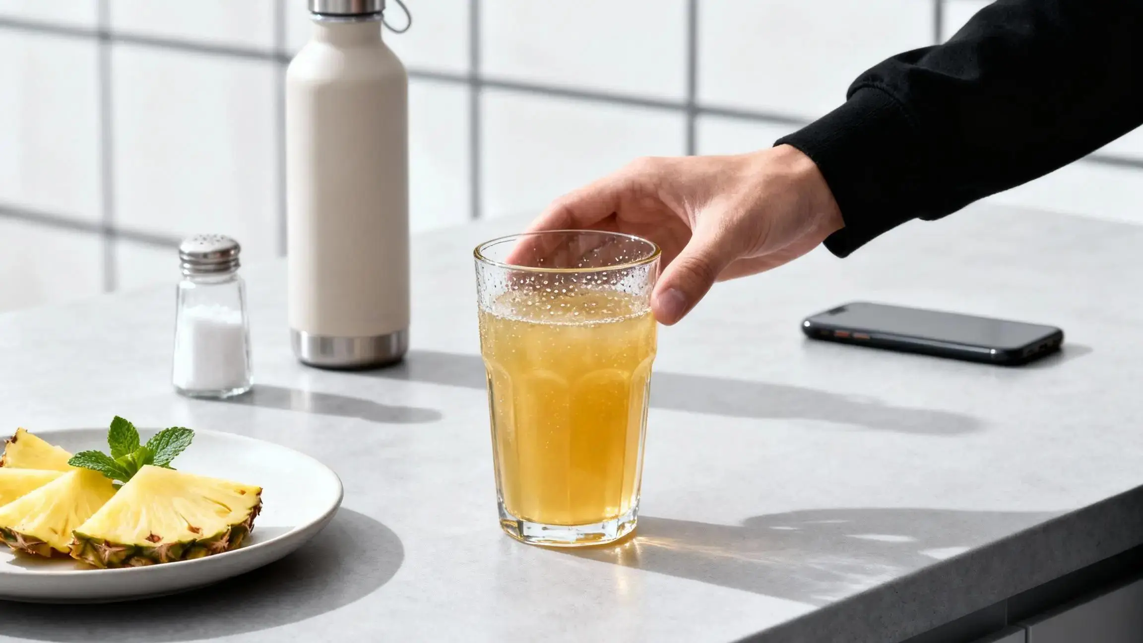 Pineapple juice for hangover relief in a glass with fresh pineapple and ice