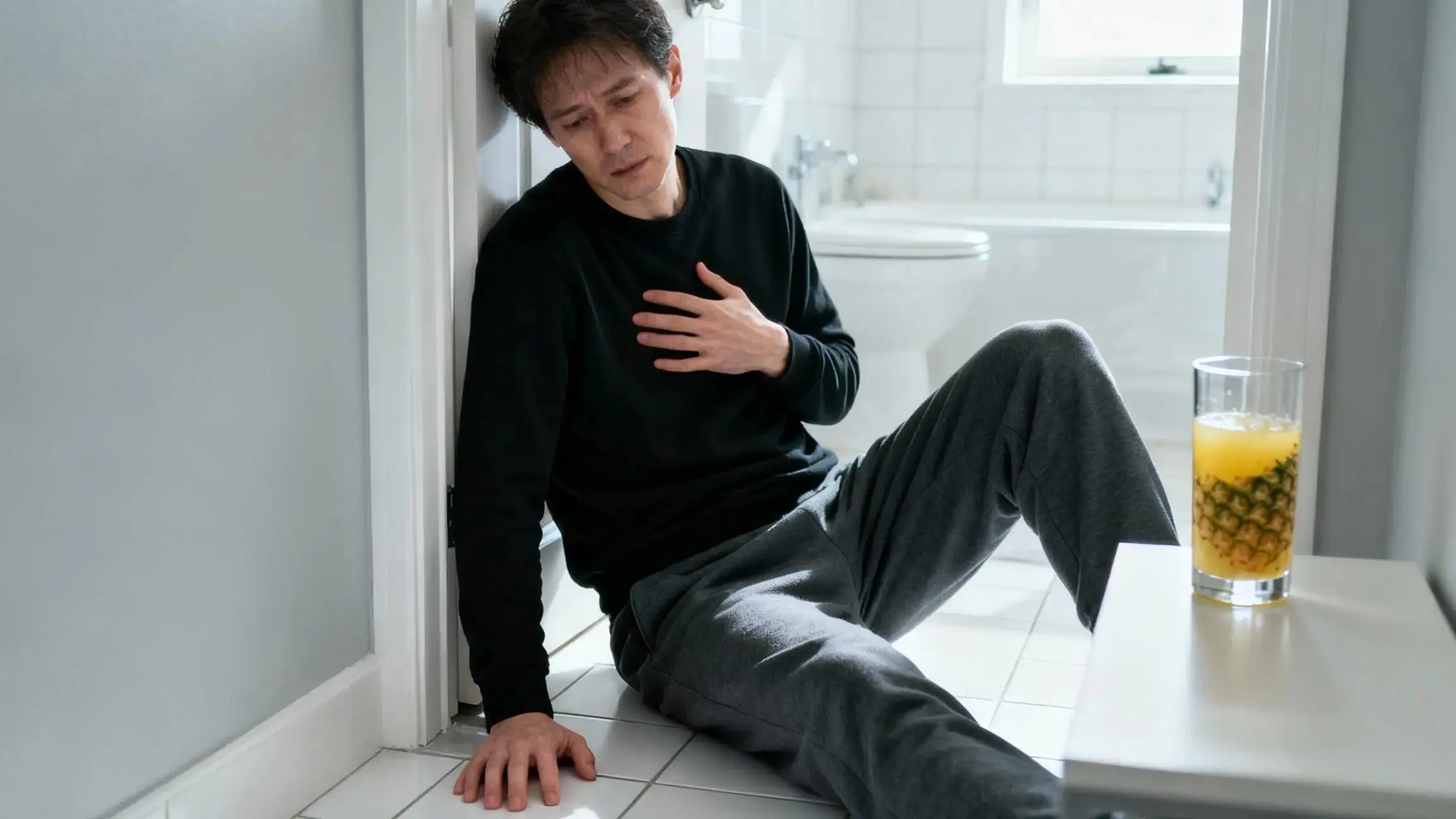 Pineapple juice for hangover relief with glass, fresh pineapple, and headache remedy concept
