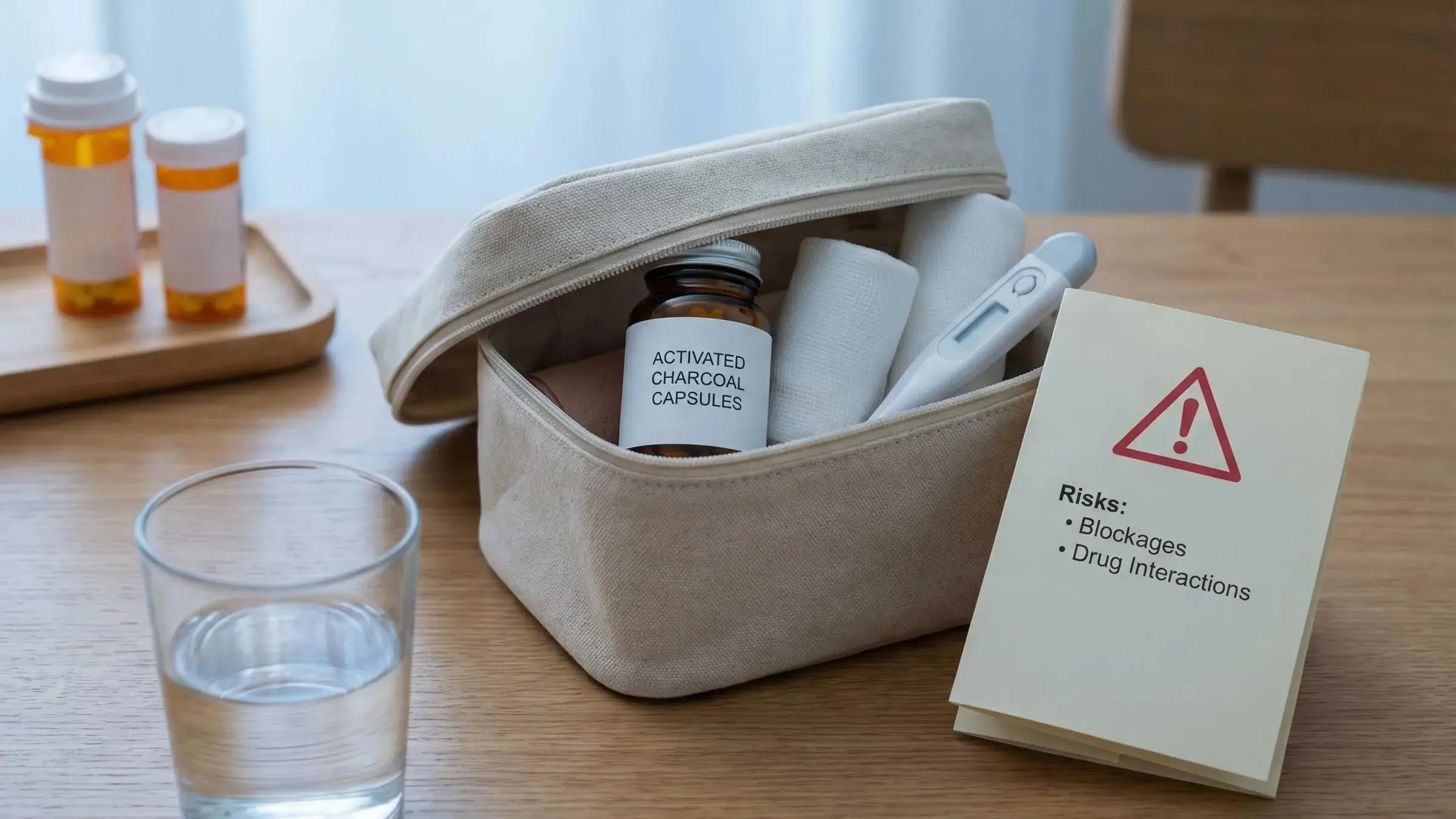 Activated charcoal capsules and a glass of water on a table, representing activated charcoal for hangover.