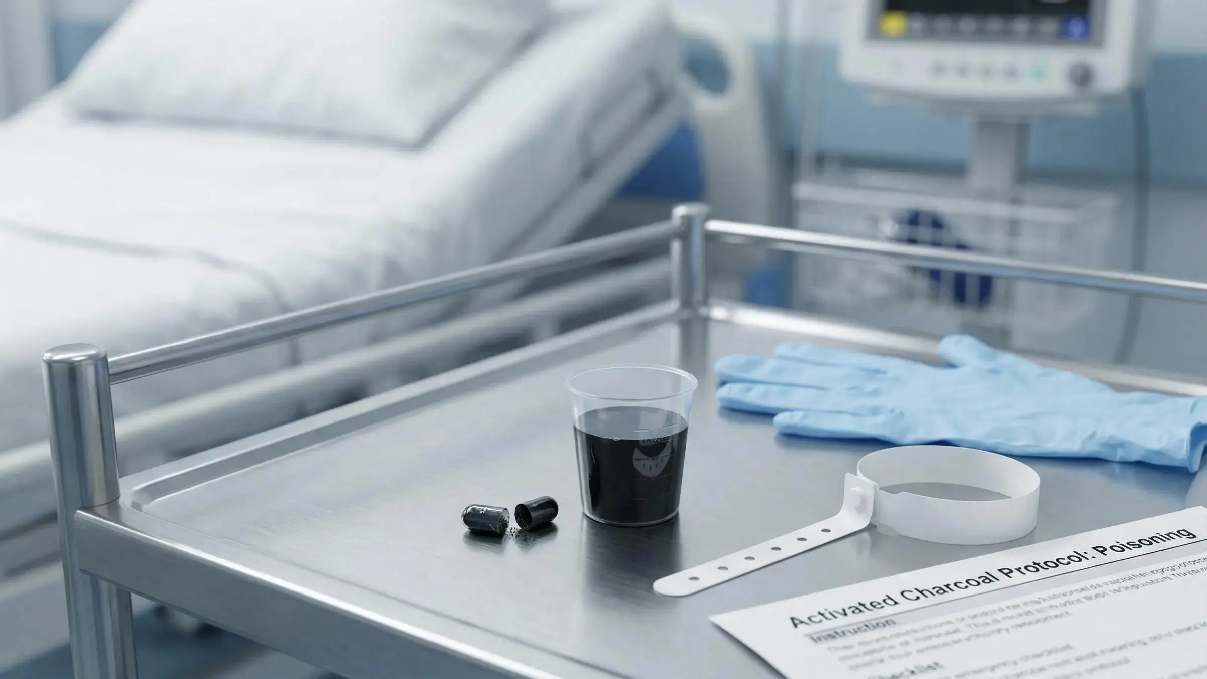 Activated charcoal capsules and a glass of water to illustrate activated charcoal for hangover