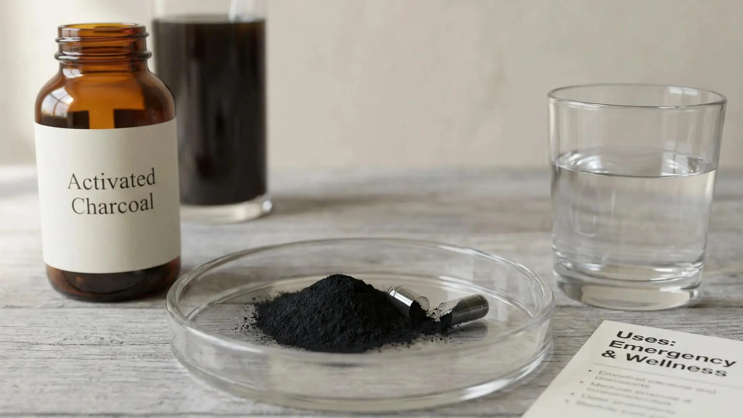Bottle of activated charcoal capsules and glass of water for hangover relief