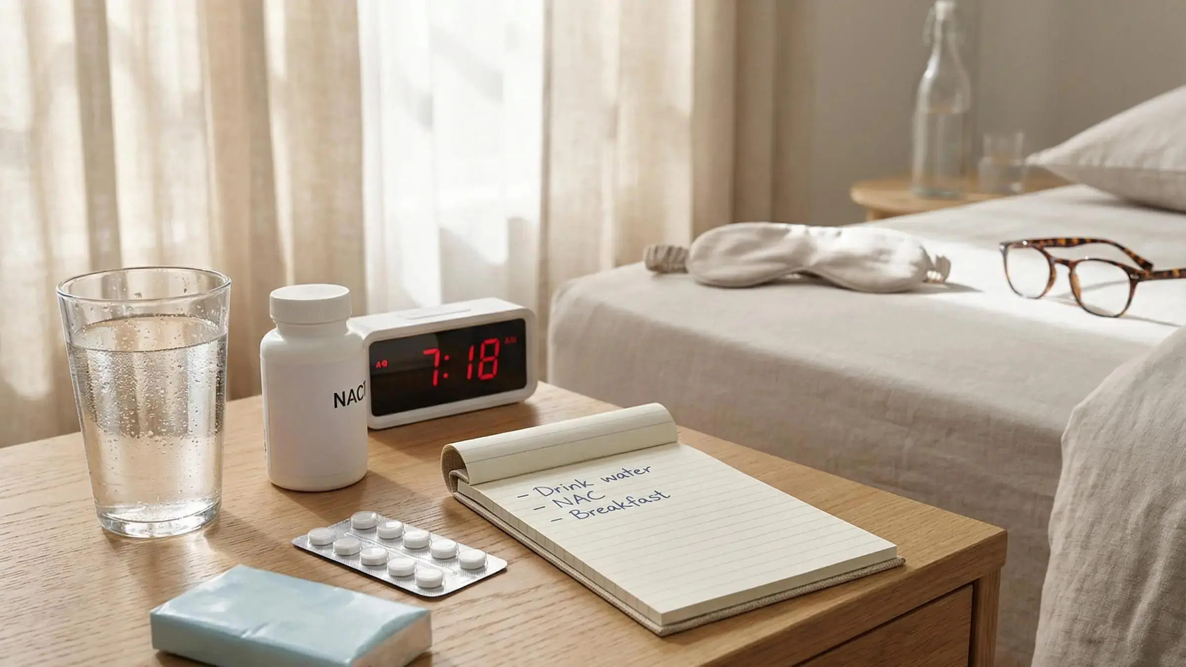 NAC supplement for hangover relief with glass of water and blister pack on bedside table