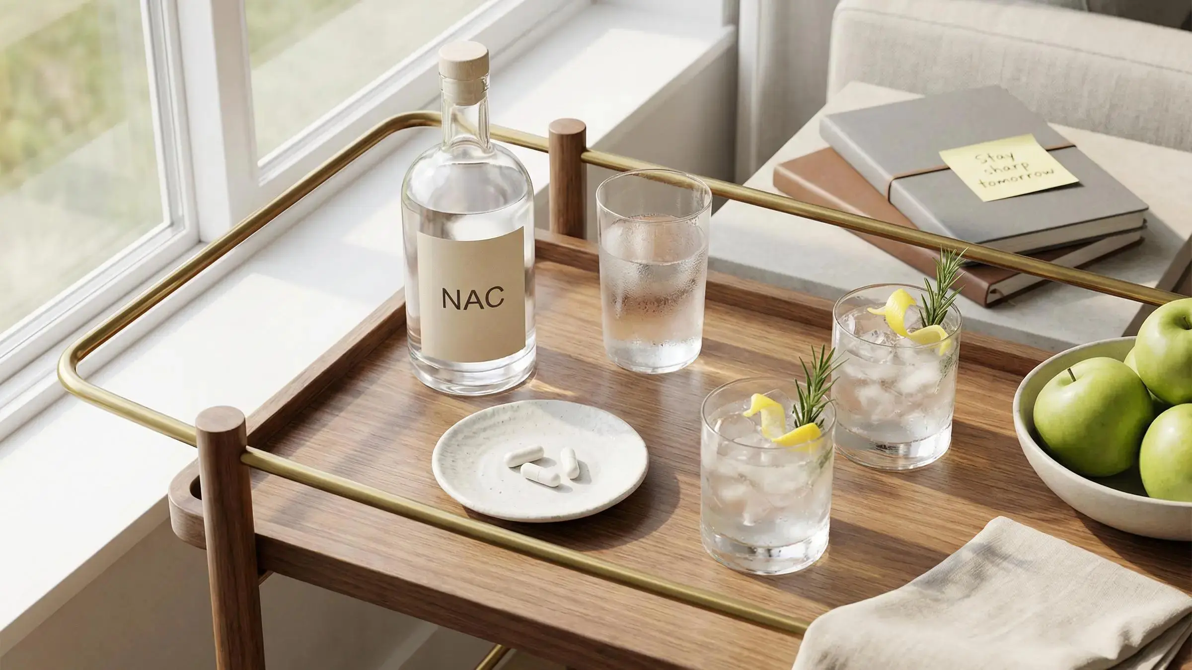 NAC supplement for hangover relief with social setting background