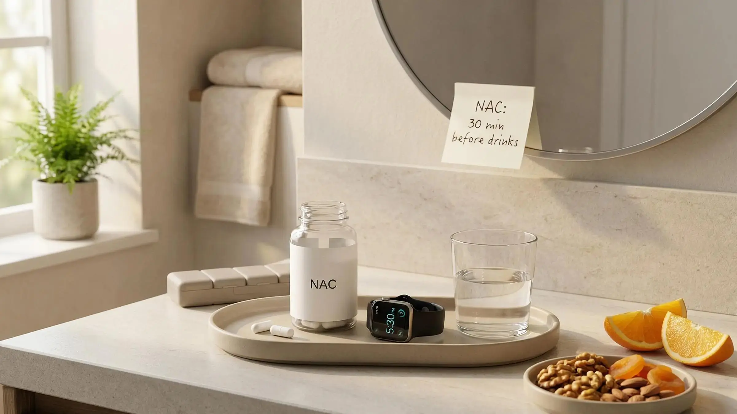 NAC supplement for hangover prevention with capsules and water on a table