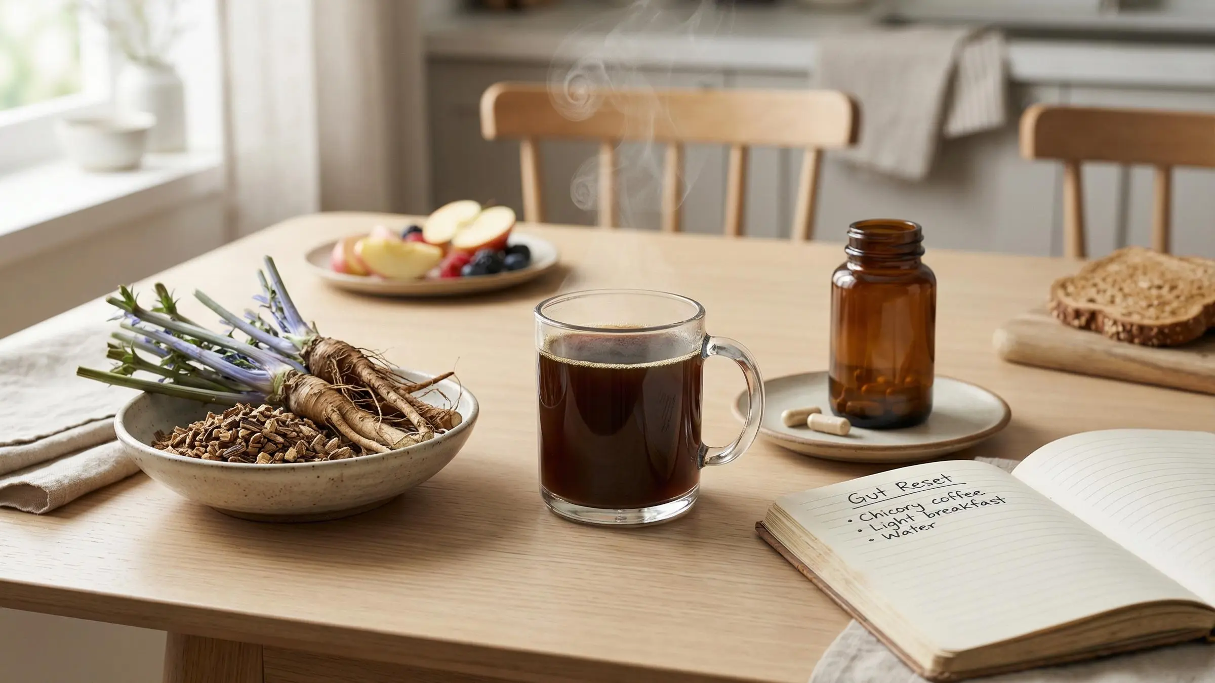 Chicory root tea with fresh herbs, a natural herbal remedy for hangover relief