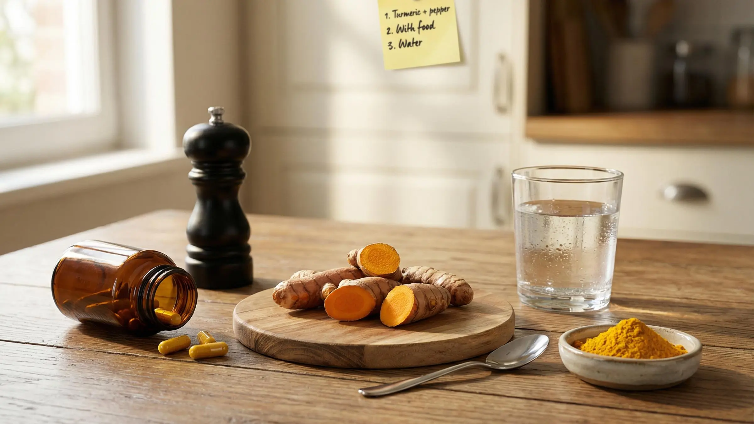 Turmeric root and powder with herbs, natural herbal remedies for hangover relief