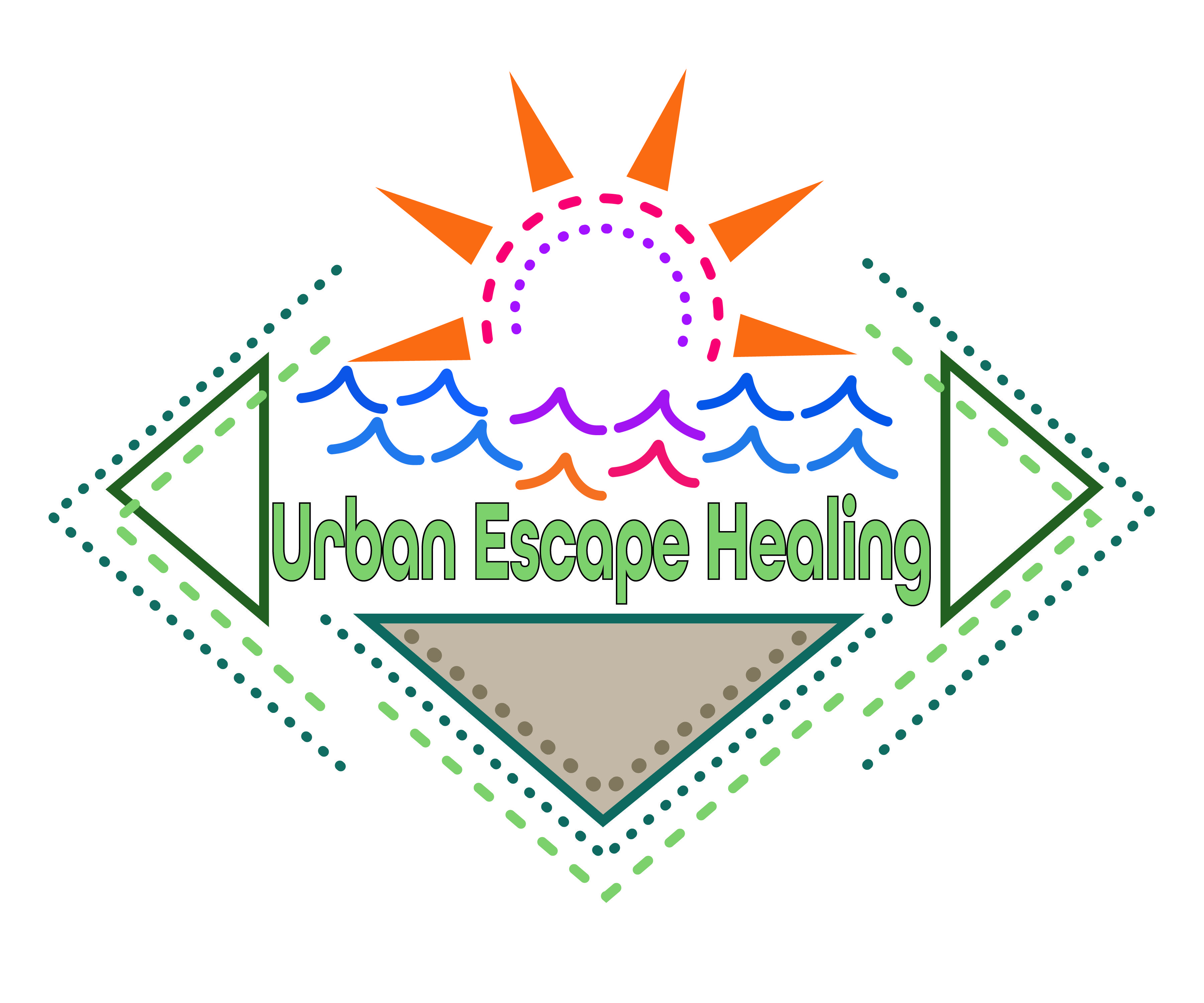 Colorful logo with an orange stylized sun above multicolored waves, green text 'Urban Escape Healing', enclosed by dotted and dashed lines forming diamond and triangle shapes.