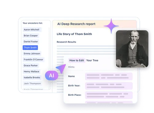 AI genealogy tool showing Deep Research report with ancestor list, life story of Thom Smith, and an old portrait photo
