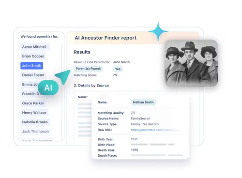 AI Ancestor Finder tool displaying report for John Smith, including family tree details, matching score, and vintage family photograph