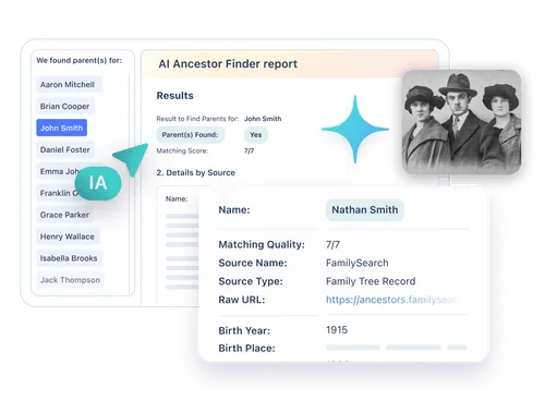 AI Ancestor Finder tool displaying report for John Smith, including family tree details, matching score, and vintage family photograph