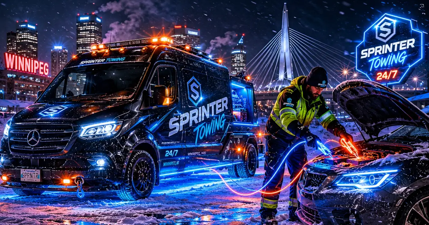 Sprinter Towing truck and worker jump-starting a car in snowy Winnipeg city at night.