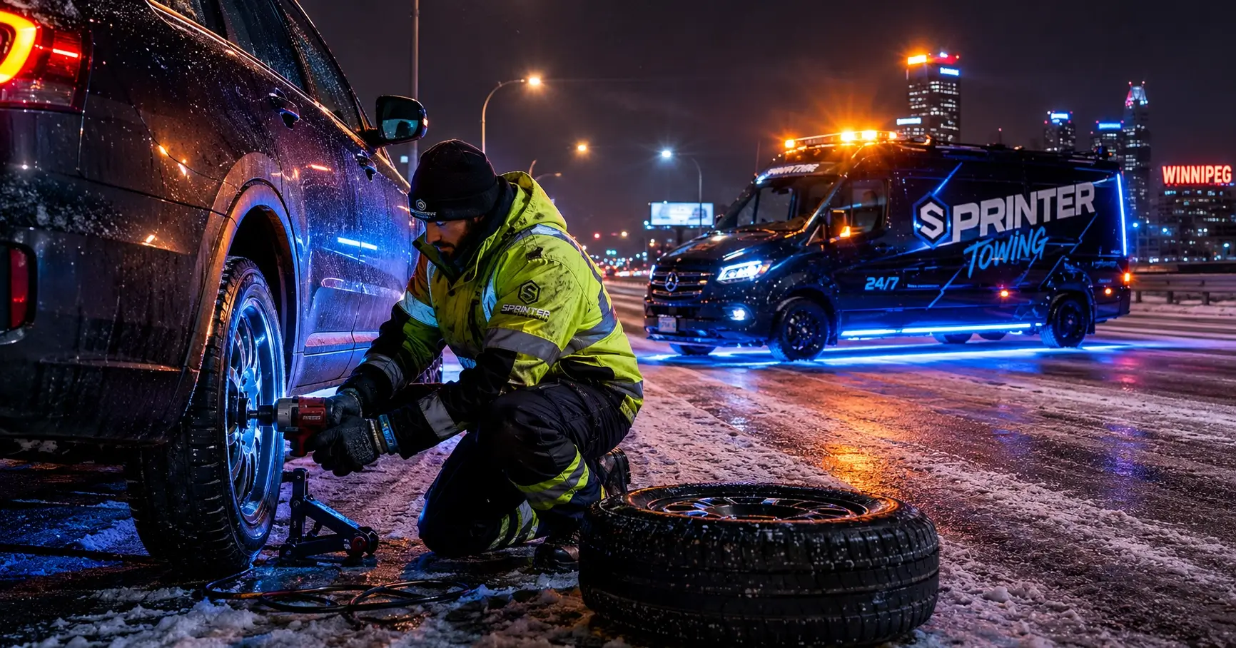 Man in reflective gear changes a car tire at night on a snowy road with Sprinter Towing van nearby.