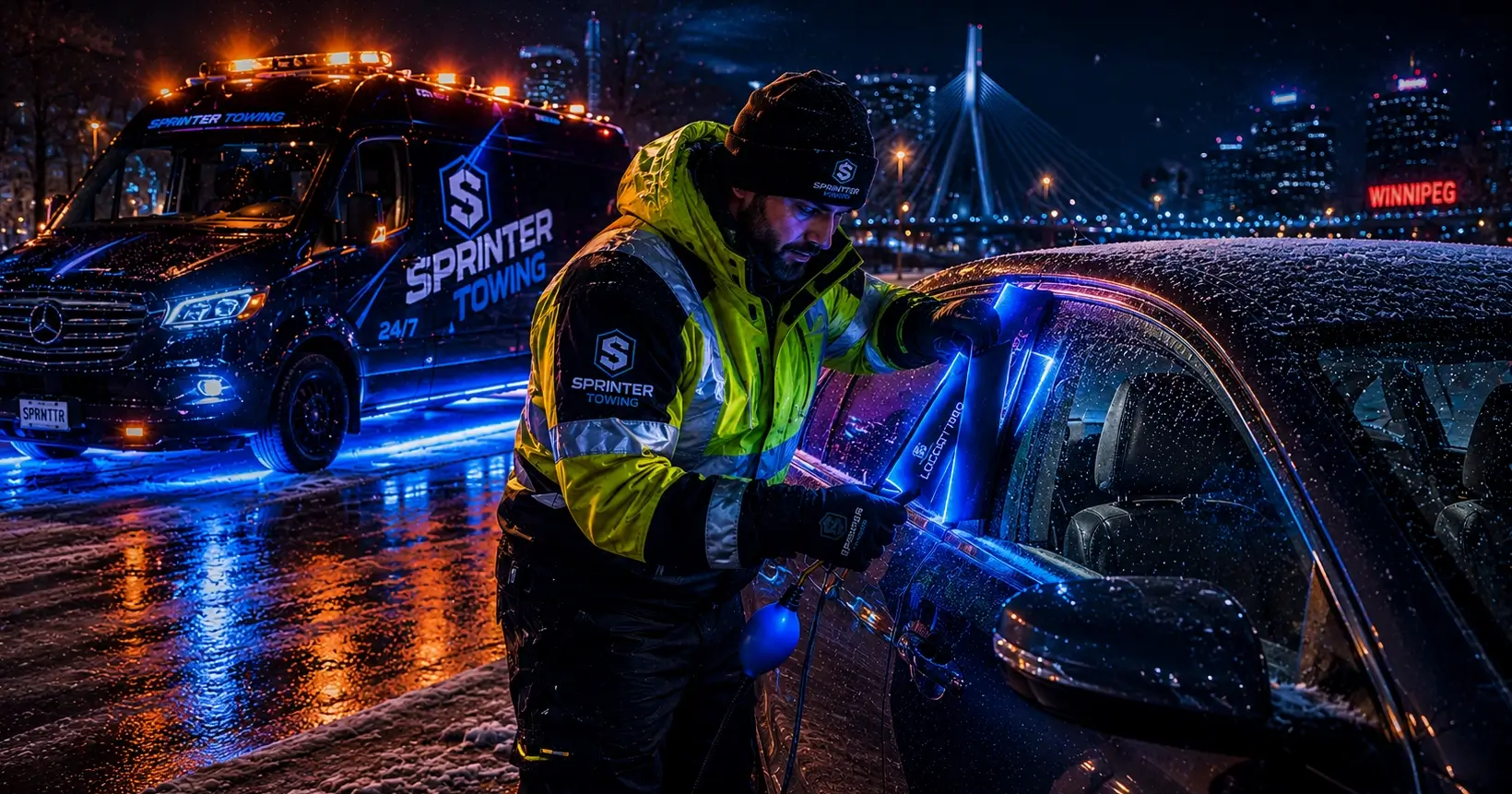 Tow worker in high-visibility jacket unlocking a snowy car door with glowing tools at night in Winnipeg.