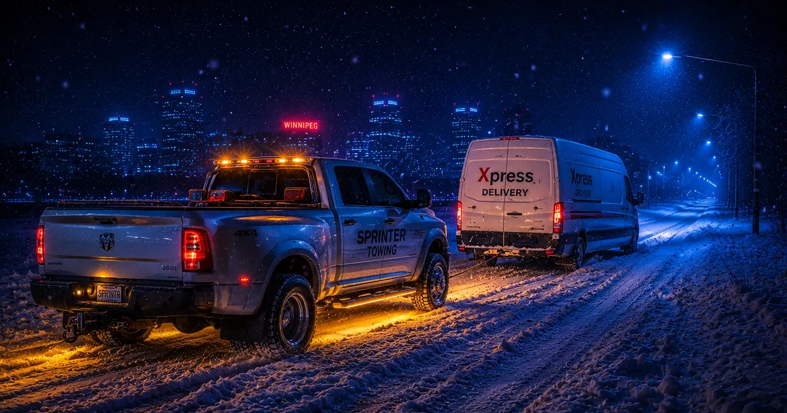 Silver Dodge Ram heavy-duty tow truck with yellow neon underglow winching a stuck delivery van out of the snow in Winnipeg at night.