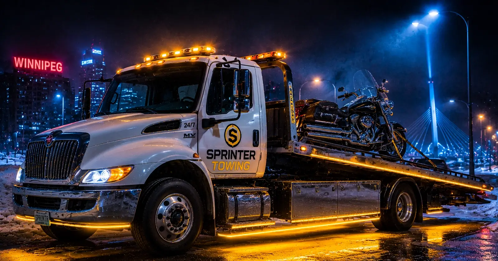 Heavy-duty commercial flatbed tow truck operated by Sprinter Towing, safely transporting a motorcycle at night in Winnipeg using secure wheel chocks and soft-tie straps.